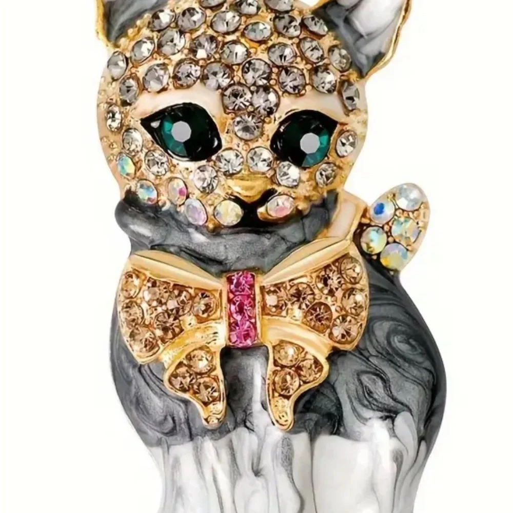 Gold and Black/Gray Cat Brooch with Sparkling Zirconias Details NWT